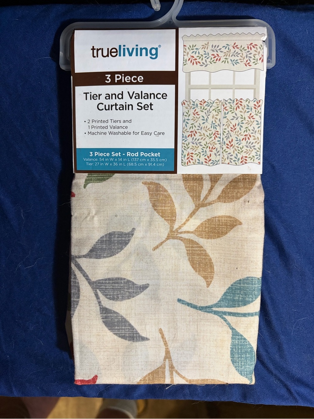 trueliving 3-Piece Tier and Valance Curtain Set in Neutral Multi-Leaf